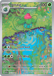 animal_focus artist_name bud bulbasaur card_(medium) character_name company_name copyright_name copyright_notice english_text fangs gen_1_pokemon grass ikegami_yoriyuki ivysaur lily_pad looking_at_reflection nintendo no_humans nostrils official_art open_mouth outdoors plant pokemon pokemon_(creature) pokemon_card pokemon_focus pokemon_tcg red_eyes reflection reflective_water ripples solo third-party_source trading_card v-shaped_eyes vines
