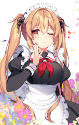 1girl alternate_costume apron black_dress breasts brown_eyes brown_hair dress enmaided flower frilled_apron frills hair_ribbon highres kantai_collection large_breasts long_hair maid maid_apron maid_headdress murasame_(kancolle) one_eye_closed red_eyes ribbon ringo_sui smile twintails upper_body waist_apron white_apron white_background