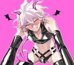 1boy bare_shoulders black_gloves black_panties black_shirt black_thighhighs blush bulge crop_top danganronpa_(series) danganronpa_2:_goodbye_despair demon_boy demon_horns demon_tail detached_wings from_below gloves grey_eyes horns komaeda_nagito looking_at_viewer male_focus mini_wings panties pink_background saliva shirt simple_background solo sweat tail thighhighs underwear wings yowa_tori