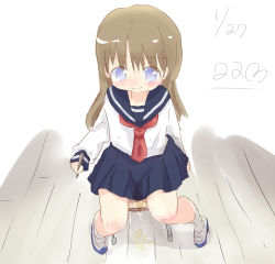 Rule 34 | 1girl, 22m, artist name, blue collar, blue eyes, blue shoes, blue skirt, blush, brown hair, chair, character request, closed mouth, collar, dated, embarrassed, female focus, from above, full body, holding, indoors, kneehighs, long hair, long sleeves, neckerchief, peeing, peeing self, pen, pleated skirt, red neckerchief, sailor collar, school uniform, serafuku, shirt, shoes, signature, sitting, skirt, socks, solo, wet, wet clothes, white shirt, white socks