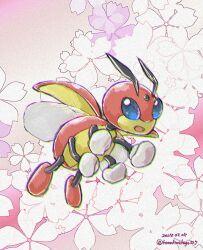 blue_eyes chromatic_aberration commentary_request creatures_(company) dated flower full_body game_freak gen_2_pokemon highres kurakimikage327 ledian looking_at_viewer nintendo no_humans open_mouth pokemon pokemon_(creature) pokemon_focus purple_flower solo twitter_username watermark white_flower