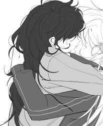 2girls asahina_mafuyu blush commentary ear_blush french_kiss greyscale hand_in_another&#039;s_hair highres hug jacket kiss long_hair long_sleeves monochrome multiple_girls project_sekai shin_he9 sweat symbol-only_commentary track_jacket yoisaki_kanade yuri