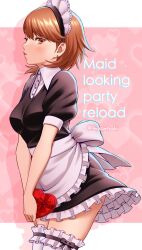 1girl apron black_dress blush box brown_eyes brown_hair commentary_request dress english_text heart-shaped_box highres lips looking_at_viewer maid maid_headdress masatoshi_1219 official_alternate_costume parted_lips persona persona_3 persona_3_reload pink_lips short_hair solo takeba_yukari twitter_username waist_apron