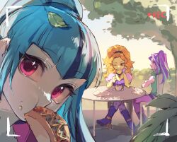 3girls ;d adagio_dazzle adagio_dazzle_(human) aria_blaze aria_blaze_(human) backlighting bare_shoulders black_choker black_hair blonde_hair blue_hair boots bush chinese_commentary choker collarbone colored_skin commentary_request crossed_arms crossed_legs cup deadbirdorzcr eating fingerless_gloves food food_on_face full_body gem gloves green_hair green_shirt grin hair_between_eyes hair_tie hand_on_own_cheek hand_on_own_face high_ponytail highres knee_boots leaf leaf_on_head long_hair looking_at_viewer multicolored_hair multiple_girls my_little_pony my_little_pony:_equestria_girls my_little_pony:_friendship_is_magic one_eye_closed open_mouth orange_hair outdoors pants parted_bangs pendant_choker pink_eyes pink_gloves pink_skin plate ponytail portrait profile puffy_short_sleeves puffy_sleeves purple_boots purple_hair purple_pants purple_shirt red_gemstone shirt short_sleeves sleeveless sleeveless_shirt smile solo_focus sonata_dusk sonata_dusk_(human) sparkle sparkling_eyes streaked_hair table taco tree twintails two-tone_hair v-bangs viewfinder white_skin yellow_skin