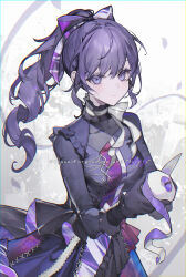 Rule 34 | 1girl, absurdres, ajirui, apple peel, asahina mafuyu, black gloves, bow, closed mouth, commentary request, cowboy shot, dress, english text, expressionless, food, frills, fruit, gloves, hair bow, highres, holding, holding food, holding fruit, holding knife, knife, long hair, long sleeves, looking at viewer, peeling, ponytail, project sekai, purple bow, purple eyes, purple hair, ribbon, solo, white ribbon