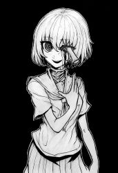 1girl bleeding blood fujimi_no_fujimi-san greyscale injury knife_in_head looking_at_viewer monochrome nazo_no_diaboro object_through_head original ringed_eyes school_uniform serafuku short_hair skirt smile solo stab traditional_media