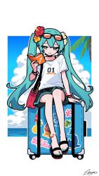 1girl ameniwa anklet armlet bag book character_name collarbone commentary english_commentary eyewear_on_head flower flower_anklet flower_on_head food fruit hair_flower hair_ornament hatsune_miku hibiscus highres holding holding_book jewelry miniskirt nail_polish number_print ocean on_suitcase palm_leaf palm_tree pineapple red_bag red_flower rolling_suitcase shirt signature sitting skirt sky solo sticker suitcase sunglasses tree twintails vocaloid whale_shark white_flower white_shirt yellow_flower