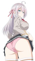 1girl absurdres alisa_mikhailovna_kujou angry ass black_skirt blazer breasts closed_mouth clothes_lift commentary from_behind grey_hair grey_jacket highres jacket large_breasts lifting_own_clothes long_hair looking_at_viewer panties pink_panties school_uniform seiren_academy_school_uniform senor_h simple_background skirt skirt_lift solo tank_top thighs tokidoki_bosotto_roshia-go_de_dereru_tonari_no_alya-san underwear variant_set white_background white_tank_top