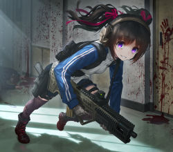 Rule 34 | 1girl, assault rifle, bags under eyes, black hair, blood, blood on clothes, blood splatter, blood stain, bloody handprints, bullpup, corpse, death, ear protection, female focus, gloves, gun, hair ribbon, handgun, handprint, highres, holding, holding gun, holding weapon, holstered, iwi jericho 941, iwi tavor, jacket, original, pistol, purple eyes, ribbon, rifle, running, school shooting, smirk, solo, tavor tar-21, thighhighs, tom-neko (zamudo akiyuki), track jacket, twintails, weapon
