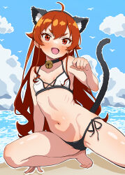 1girl absurdres ahoge animal_ear_hairband animal_ears arm_support bell bikini black_collar black_hairband black_tail black_trim blue_sky blush cat_ear_hairband cat_ears cat_tail collar commentary_request eris_greyrat fake_animal_ears fake_tail flat_chest hairband highres jingle_bell loli long_hair looking_at_viewer mushoku_tensei navel neck_bell open_mouth outline paw_pose red_eyes red_hair side-tie_bikini_bottom sky solo squatting stomach swimsuit tail white_outline yoshikirino