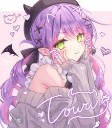 1girl arm_support beret black_hat black_ribbon closed_mouth demon_wings drawn_ears drawn_whiskers ear_piercing earrings from_side green_eyes green_nails grey_sweater hair_ornament hair_ribbon hairclip hat heart hololive jewelry long_hair looking_at_viewer mini_wings multicolored_hair official_alternate_costume parallel_hairclips piercing pink_hair pointy_ears purple_hair ribbon shinyo_yukino signature smile solo streaked_hair sweater tokoyami_towa tokoyami_towa_(jirai_kei) upper_body very_long_hair wings x_hair_ornament