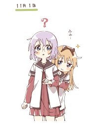 Rule 34 | &gt;:), 2girls, :o, ?, behind another, blonde hair, blue eyes, blush stickers, bow, brown bow, brown sailor collar, closed mouth, commentary request, cropped legs, dress, glasses, grey hair, hair bow, hand on another&#039;s arm, highres, ikeda chitose, layered sleeves, long hair, long sleeves, multiple girls, namori, nanamori school uniform, open mouth, red dress, sailor collar, school uniform, shirt, short hair, short over long sleeves, short sleeves, simple background, smile, sparkle, toshinou kyouko, translation request, v-shaped eyebrows, white background, white shirt, yuru yuri