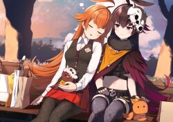 2girls absurdres ahoge bag black_hair black_vest brown_hair closed_eyes closed_mouth cloud dapiko_(duel_masters) duel_masters duel_masters_play&#039;s fingerless_gloves fishnet_pantyhose fishnet_thighhighs fishnets flute fur_trim gloves gradient_sky hair_ornament highres huge_ahoge instrument kokko_rupiko light_smile long_hair midriff multicolored_hair multiple_girls name_tag navel nishinomiya_suzu on_bench open_mouth outdoors pantyhose pink_hair purple_eyes recorder red_skirt shirt shopping_bag short_shorts shorts sitting skirt skull_hair_ornament sky sleeping stuffed_toy thighhighs tomy_company_ltd. tree very_long_hair vest white_shirt