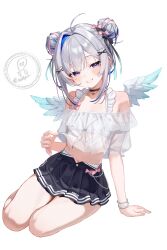 1girl absurdres ahoge amane_kanata amane_kanata_(summer) angel angel_wings bare_shoulders bikini blue_hair bracelet colored_inner_hair double_bun frills grey_hair grin hair_bun hair_ornament hairclip highres hololive jewelry multicolored_hair official_alternate_costume pink_hair purple_eyes see-through_clothes signature simple_background sitting skirt smallpine_7 smile solo streaked_hair swimsuit thighs virtual_youtuber white_background wings x_hair_ornament