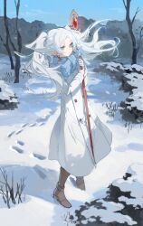 Rule 34 | 1girl, artist name, bare tree, blue scarf, blue sky, boots, closed mouth, coat, day, elf, floating hair, footprints, frieren, full body, fur trim, hashtag-only commentary, highres, holding, jacket, long hair, long sleeves, mage staff, mountain, nature, outdoors, parted bangs, pointy ears, rock, scarf, short eyebrows, sky, snow, snowcake47, snowflakes, snowing, solo, sousou no frieren, standing, thick eyebrows, tree, twintails, very long hair, white coat, white hair, winter, winter clothes, winter coat