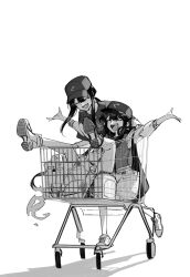 1boy 1girl :d baseball_cap black_hair brother_and_sister buster_shirt center-flap_bangs closed_eyes collarbone fate/grand_order fate_(series) fiery_hair full_body groceries hair_between_eyes happy hat highres hunched_over in_shopping_cart jacket laughing legs_up letterman_jacket light_blush long_hair long_sleeves low_ponytail lower_teeth_only monochrome oda_nobukatsu_(fate) oda_nobunaga_(fate) open_mouth outstretched_arms ponytail pushing_cart raised_eyebrows sempon_(doppio_note) shadow shirt shoe_soles shoes shopping_cart siblings simple_background sitting smile sneakers t-shirt teeth upper_teeth_only v-shaped_eyebrows very_long_hair walking white_background