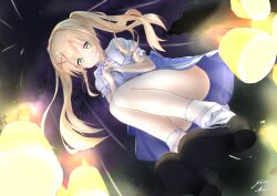 1girl back_bow black_shoes blonde_hair blue_bow blue_ribbon blue_skirt blush bow candle closed_mouth commentary convenient_leg crying crying_with_eyes_open eyes_visible_through_hair fire foreshortening frilled_sleeves frills from_below full_body green_eyes hair_between_eyes hair_intakes hair_ornament hands_up happy happy_tears high-waist_skirt highres lighthouse long_hair mary_janes miraikanai neck_ribbon night night_sky official_alternate_costume outdoors own_hands_together puffy_short_sleeves puffy_sleeves ribbon ringed_eyes shirt shoe_soles shoes short_sleeves sidelocks signature skirt sky socks solo split_mouth squatting summer_pockets tearing_up tears thighs tsumugi_wenders twintails underlighting white_shirt white_socks x_hair_ornament