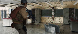 1boy 1girl 3d assault_rifle backpack bag bare_legs barefoot beard belt bound broken_glass bulletproof_vest checkered_floor facial_hair floor flower fluorescent_lamp glass gloves gun handgun hat high_heels highres holster johannes_voss lab_coat laboratory long_image messy microscope mochiguman_(yojouhan) neon_lights photorealistic plant randoseru realistic red_flower red_rose rifle rose shoes single_shoe surreal tactical_clothes tied_up_(nonsexual) tile_floor tiles vines weapon wide_image yojouhan_shinwa_taikei