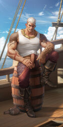 1boy afk_(series) afk_journey arm_tattoo bara biceps black_shoes blue_sky boots cloud cloudy_sky clydechristy covered_penis cross_scar erection fade_(haircut) gold_necklace grin hand_on_own_penis highres jewelry looking_at_viewer lucca_(afk) male_focus muscular muscular_male necklace on_barrel paid_reward_available pants penis pirate_ship red_pants scar scar_on_face shoes sitting sky smile tank_top tattoo testicles white_hair white_tank_top