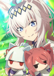 1girl absurdres ahoge animal_ears blue_eyes doll fujimasa_march_(umamusume) grey_hair highres holding holding_doll horse_ears horse_girl jacket kasamatsu_tracen_training_uniform long_hair long_sleeves looking_at_viewer norn_ace_(umamusume) oguri_cap_(umamusume) signature smile solo suzukatore track_jacket umamusume umamusume:_cinderella_gray upper_body