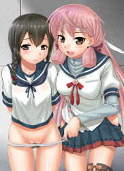 10s 2girls akashi_(kancolle) assisted_exposure bandana black_eyes black_hair blue_skirt blush braid breasts brown_eyes ebifly embarrassed female_pubic_hair green_eyes hair_between_eyes hair_ribbon hip_vent isonami_(kancolle) kantai_collection long_hair long_sleeves looking_at_viewer military military_uniform multiple_girls naval_uniform no_pants open_mouth panties panty_pull pink_hair pleated_skirt pubic_hair pulling_another&#039;s_clothes ribbon school_uniform serafuku short_hair skirt thighhighs tress_ribbon twintails underwear undressing white_panties