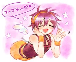 1boy androgynous angel_wings blush choker closed_eyes detached_wings hairband jojo_no_kimyou_na_bouken male_focus messy_hair mikage_kazuki narancia_ghirga open_mouth orange_hairband pale_skin short_hair smile solo vento_aureo wings wristband