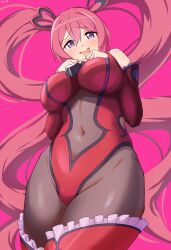 1girl bodystocking boots breasts clothing_cutout covered_navel detached_sleeves groin hair_ornament heart heart_hair_ornament highres kuka_(noire)_(princess_connect!) kuka_(princess_connect!) large_breasts leotard long_hair navel_cutout omu_rettur5 pink_hair princess_connect! purple_eyes red_leotard red_sleeves solo thigh_boots twintails very_long_hair