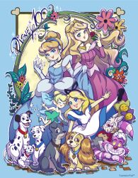 101_dalmatians alice_(alice_in_wonderland) alice_in_wonderland ame_(tameste) anniversary aurora_(disney) blonde_hair blue_collar blue_eyes brown_eyes cat cheshire_cat_(alice_in_wonderland) cinderella cinderella_(disney) collar dalmatian disney disney_princess dog dress flower glasses hair_ribbon highres holding holding_flower lady_(disney) lady_and_the_tramp march_hare_(alice_in_wonderland) open_mouth perdita_(disney) pongo_(disney) rabbit red_collar red_flower red_rose ribbon rose sleeping_beauty smile sparkle tiara tinker_bell_(disney) tramp_(disney) walt_disney&#039;s_peter_pan wings