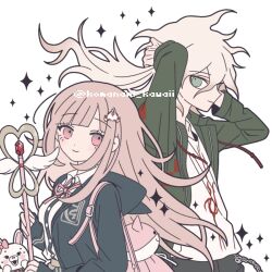 1boy 1girl alternate_hair_length alternate_hairstyle black_jacket black_pants black_shirt bow brown_hair collared_shirt danganronpa_(series) danganronpa_2:_goodbye_despair dress_shirt ear_bow galaga green_jacket grey_background grey_hair holding holding_staff jacket komaeda_nagito komanami_kawaii long_hair long_sleeves nanami_chiaki neck_ribbon open_clothes open_jacket pants pink_bag pink_bow print_shirt ribbon shirt simple_background smile staff usami_(danganronpa) white_shirt
