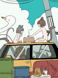 2girls animal_ears bag barrel bird blunt_bangs blunt_ends bob_cut car casual_nudity cat_ears cat_tail cloud couch cup day disposable_cup female_focus highres ikuta_semi loli mini_cooper motor_vehicle mouse_ears mouse_tail multiple_girls nude on_car original outdoors paper_bag playing_games power_lines shogi sitting stuffed_animal stuffed_toy swan tail teddy_bear utility_pole wariza