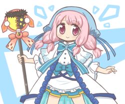 1girl apron bad_id bad_twitter_id blue_background blue_bow blue_ribbon blush bow chiaki_riko chiaki_riko_(cosplay) closed_mouth dress frills giovanna_(madoka_magica) hair_ribbon headscarf holding holding_staff long_hair looking_at_viewer low_twintails magia_record:_mahou_shoujo_madoka_magica_gaiden mahou_shoujo_madoka_magica pink_eyes pink_hair reverse_(bluefencer) ribbon sidelocks skirt smile solo staff tamaki_ui twintails two-tone_background white_background white_dress wide_sleeves