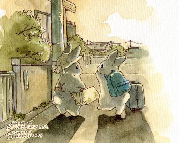 Rule 34 | animal, animal focus, artist name, backpack, bag, berry jou, building, colored pencil (medium), commentary request, evening, hat, highres, instagram username, no humans, original, outdoors, rabbit, rolling suitcase, shadow, shopping bag, suitcase, traditional media, twitter username, utility pole