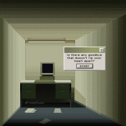 atmospheric_perspective ceiling_light crt desk drawer english_text highres indoors muted_color no_humans onlypixeeels original papers pixel_art scenery sepia shadow window_(computing)