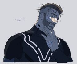 1boy absurdres arm_up bandaid bandaid_on_finger beard bodysuit brown_eyes brown_hair closed_mouth commentary_request cuts empty_eyes facial_hair fingernails gauze gauze_on_cheek gauze_on_hand gauze_on_nose grey_background hand_on_own_face highres injury long_sleeves looking_down male_focus nintendo pokemon pokemon_sv professor_turo short_hair simple_background solo thick_eyebrows ujino undercut