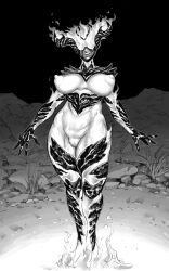 Rule 34 | 1girl, breasts, daedra, double deck, elemental (creature), full body, highres, large breasts, monochrome, monster girl, mountainous horizon, night, nipples, outdoors, solo, the elder scrolls, the elder scrolls v: skyrim