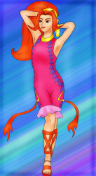 1girl armpits bodysuit bracelet dark_skin dark-skinned_female din feet female_focus jewelry legs lipstick long_hair lots_of_jewelry makeup nintendo pointy_ears red_eyes red_hair sandals smile solo the_legend_of_zelda the_legend_of_zelda:_oracle_of_seasons toes