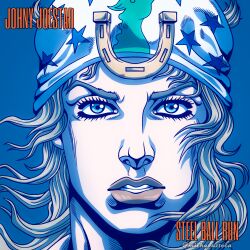absurdres anime_coloring araki_hirohiko_(style) beanie blonde_hair blue_background blue_eyes blue_theme character_name elaztecarome hat highres horseshoe_hat_ornament johnny_joestar jojo_no_kimyou_na_bouken looking_at_viewer messy_hair parted_lips portrait star_(symbol) star_print steel_ball_run teeth white_hat