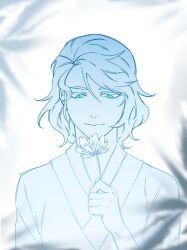 1girl blue_eyes blue_theme blurry blurry_foreground flower hand_up highres holding holding_flower korean_clothes light_smile lo_po_bia_ameuz looking_down medium_hair monochrome original petals sincal1224 solo tower_of_god white_background white_flower