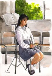 Rule 34 | 1girl, black footwear, black hair, bow, bowtie, chair, classroom, flute, instrument, kanai kiyoaki, long hair, music stand, pleated skirt, school uniform, shirt, sitting, skirt, socks, traditional media, white shirt, white socks