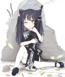 Rule 34 | 1girl, animal ears, black dress, black hair, black ribbon, black shoes, blue archive, bow, bullpup, china dress, chinese clothes, closed mouth, dress, footwear bow, full body, green eyes, gun, hair ribbon, halo, highres, hoshino ouka, long hair, looking at viewer, mary janes, one eye closed, qbu-88, ribbon, rifle, rubble, shell casing, shoes, shun (blue archive), shun (small) (blue archive), smile, solo, thighhighs, twintails, weapon, white thighhighs