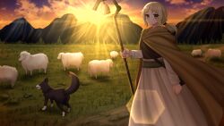 1girl blonde_hair blush brown_cloak cloak commentary commission dog english_commentary highres hood hooded_cloak kazenokaze long_skirt nora_arento orange_eyes outdoors ponytail sheep skirt smile solo spice_and_wolf standing sunset white_skirt yellow_eyes
