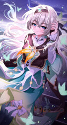 1girl absurdres aichinaigai black_gloves black_hairband breasts collared_shirt cropped_jacket firefly_(birefly)_(honkai:_star_rail) firefly_(honkai:_star_rail) floating_hair frilled_sleeves frills gloves green_skirt grey_hair hair_between_eyes hair_ornament hairband highres honkai:_star_rail honkai_(series) long_hair long_sleeves looking_at_viewer medium_breasts multicolored_eyes neckerchief orange_neckerchief origami_bird_(honkai:_star_rail) partially_fingerless_gloves shirt skirt smile trailblazer_(honkai:_star_rail) trailblazer_(trailbirder)_(honkai:_star_rail) two-tone_eyes