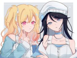 2girls aqua_eyes bare_shoulders beanie black_hair blonde_hair blue_choker blue_shirt chain chain_necklace choker closed_mouth collarbone dot_nose eyelashes finger_to_face grey_background hair_between_eyes hair_ribbon half-closed_eyes hat head_tilt highres hoshino_ichika_(project_sekai) inset_border jewelry light_blush long_hair long_sidelocks looking_at_viewer multiple_girls necklace off_shoulder official_alternate_costume outside_border overalls parted_bangs parted_lips pink_eyes project_sekai ribbon shirt sidelocks suzukawa tenma_saki this_moment_with_you!_(project_sekai) twintails white_background white_hat white_overalls white_ribbon zipper zipper_pull_tab
