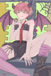 1girl belt black_boots black_shorts boots closed_mouth d4u4a-vvvats demon_girl demon_horns demon_tail demon_wings ear_piercing hand_up high_socks highres horns leg_tattoo light_blush necktie piercing pink_socks pointy_ears red_hair red_necktie shinomiya_kei shorts shoulder_tattoo sitting smile socks solo tail tattoo tomodachi_game tongue tongue_out wings yellow_eyes