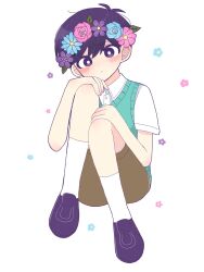 1boy blush bright_pupils brown_shorts closed_mouth flower full_body green_sweater_vest head_wreath highres knees_up looking_at_viewer omori purple_eyes purple_hair purple_shoes shoes short_hair shorts simple_background socks solo sweater_vest white_background white_pupils white_socks yuuabara