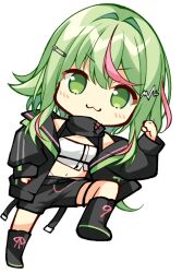 1girl :3 bandeau black_boots black_jacket black_shorts blush boots chibi chibi_only commentary_request full_body green_eyes green_hair hair_ornament hairclip hinokuma_ran indie_virtual_youtuber jacket long_hair looking_at_viewer midriff multicolored_hair navel open_clothes open_jacket pink_hair shorts simple_background solo streaked_hair transparent_background usaba_(usabara_c) v-shaped_eyebrows very_long_hair virtual_youtuber white_bandeau