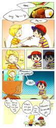 2boys angry artist_request bad_tag black_hair blush child crying dissapointed eating english_text food hat lucas_(mother_3) male_focus mother_(series) mother_2 mother_3 multiple_boys ness_(mother_2) nintendo prank shirt source_request steak striped_clothes striped_shirt super_smash_bros. sweatdrop tears