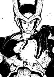 1boy cell_(dragon_ball) closed_mouth dragon_ball dragonball_z energy_ball facing_viewer greyscale hand_up highres looking_at_viewer male_focus monochrome obata2nd perfect_cell simple_background smile smug solo spots upper_body white_background wings