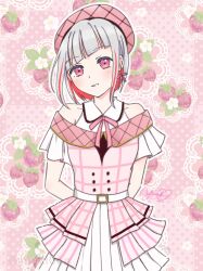 1girl alt_text alternate_costume collared_shirt commentary_request cowboy_shot dress food-themed_background grey_hair grin hat highres link!_like!_love_live! looking_at_viewer love_live! love_live!_series_15th_anniversary_costume multicolored_hair off-shoulder_dress off_shoulder pink_background pink_dress pink_hat pleated_skirt red_eyes shirt skirt sleeveless sleeveless_shirt smile solo strawberry_background streaked_hair virtual_youtuber white_skirt yugiri_tsuzuri yuuki06n