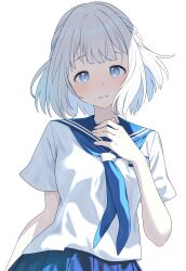 Rule 34 | 07nono06, 1girl, absurdres, blue eyes, blue neckerchief, blue ribbon, blue sailor collar, blue skirt, blush, braid, commentary request, gakuen idolmaster, grey hair, hair ribbon, half up braid, highres, idolmaster, katsuragi lilja, looking at viewer, neckerchief, pleated skirt, ribbon, ribbon braid, sailor collar, school uniform, serafuku, shirt, short hair, short sleeves, simple background, skirt, smile, solo, upper body, white background, white shirt